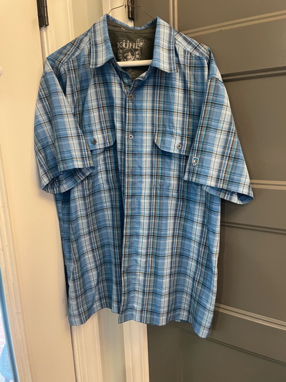 Kuhl Men’s Short Sleeve sports outdoors hiking  Plaid Shirt - Light Blue XL